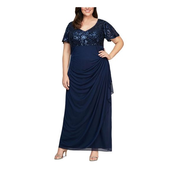 ALEX EVENINGS Womens Navy Flutter Sleeve Maxi Formal Dress Plus 18W ALEX EVENINGS Womens Navy Flutter Sleeve Maxi Formal Dress Plus 18W